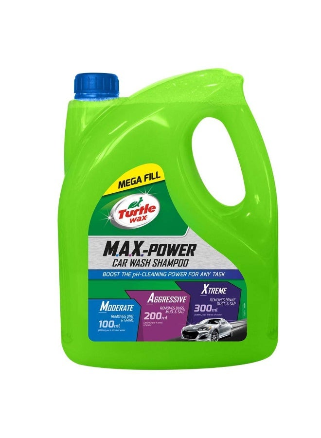 TurtleWax Turtle Wax M.A.X-Power Car Wash Shampoo 4L Mega Fill – Adjustable pH Cleaning Formula, 3 Levels Moderate Aggressive Xtreme Strength, High Foam Concentrate, Removes Dirt Mud Bugs Brake Dust Sap, Safe on Paint Wax Exterior Surfaces - Image 1
